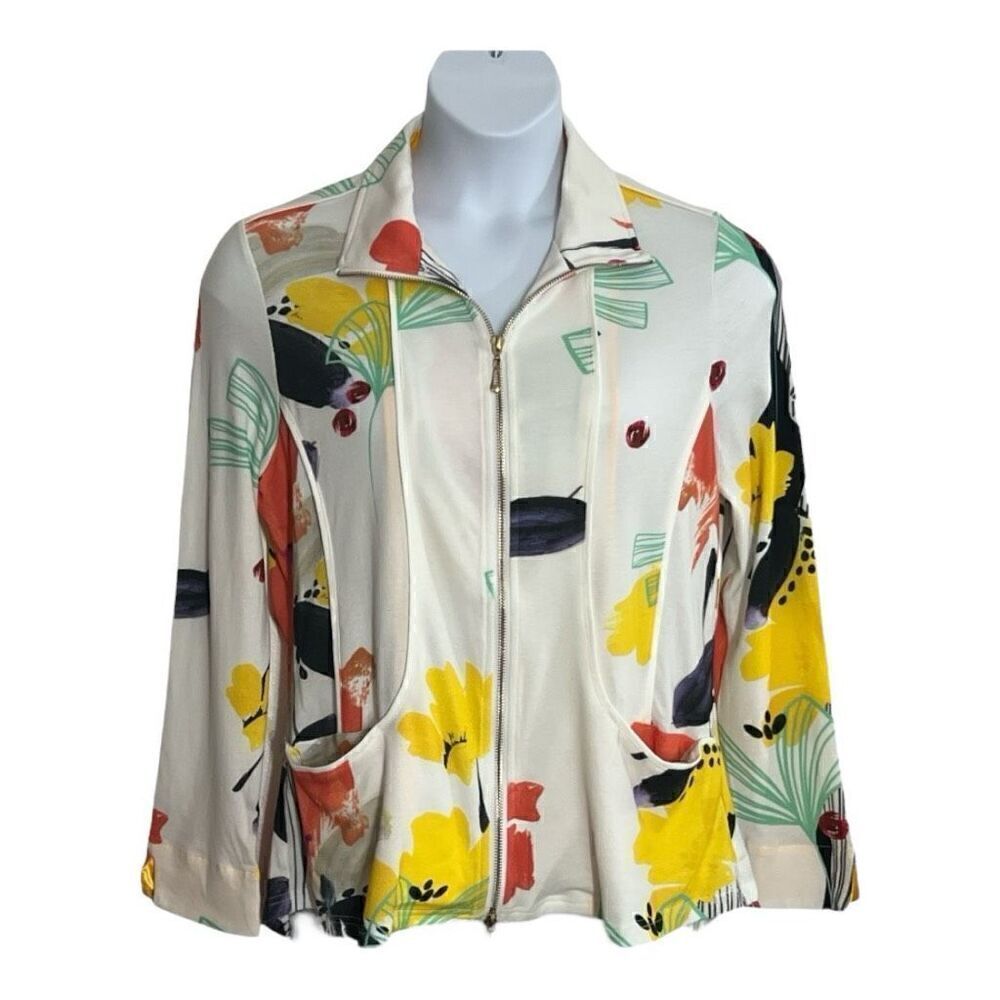 Berek Womens Ray of Sunshine Full Zip Jacket Size PL White Multi Color Pockets